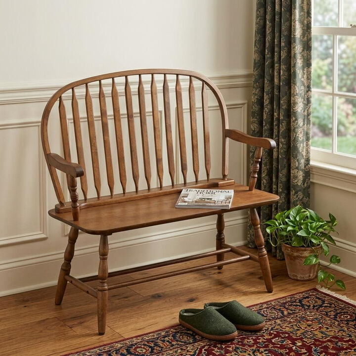 HomeRoots 44" Wood Windsor Spindle Back Bench