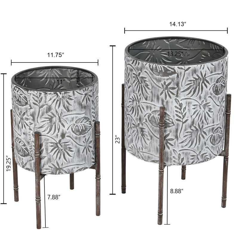 LuxenHome Set of 2 Coastal Distressed White and Gray Metal Cachepot Planters with Metal Stand