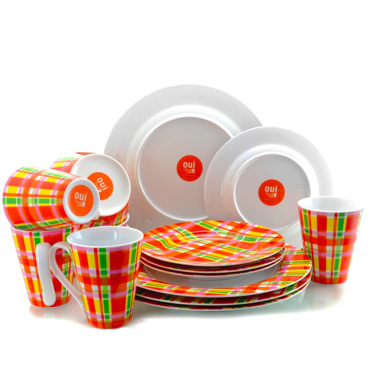 Oui by French Bull Multicolor Plaid 16 Piece Round Porcelain Dinnerware Set