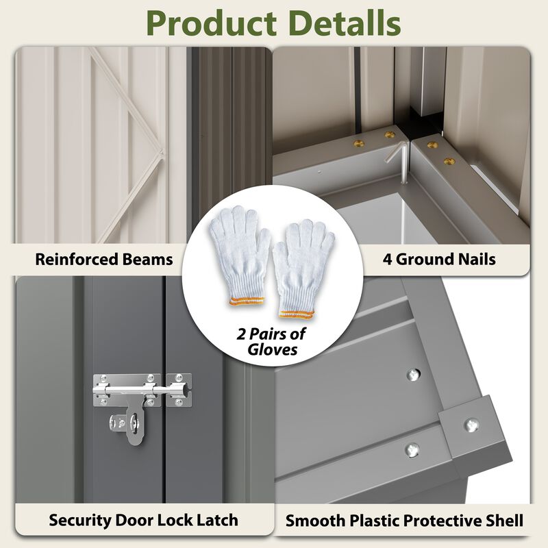 4x7 FT Olive Grey Lean-To Steel Shed, All-Weather Outdoor Storage with Vents & Lockable Doors image number 4