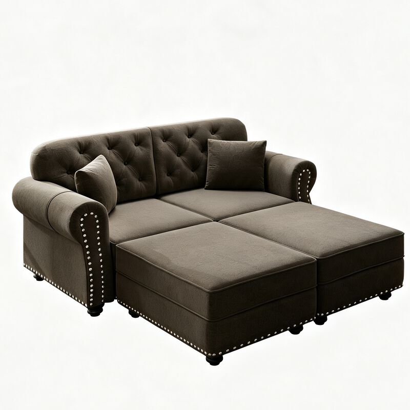 Merax Chesterfield Velvet Loveseat Sofa with Ottomans image number 0