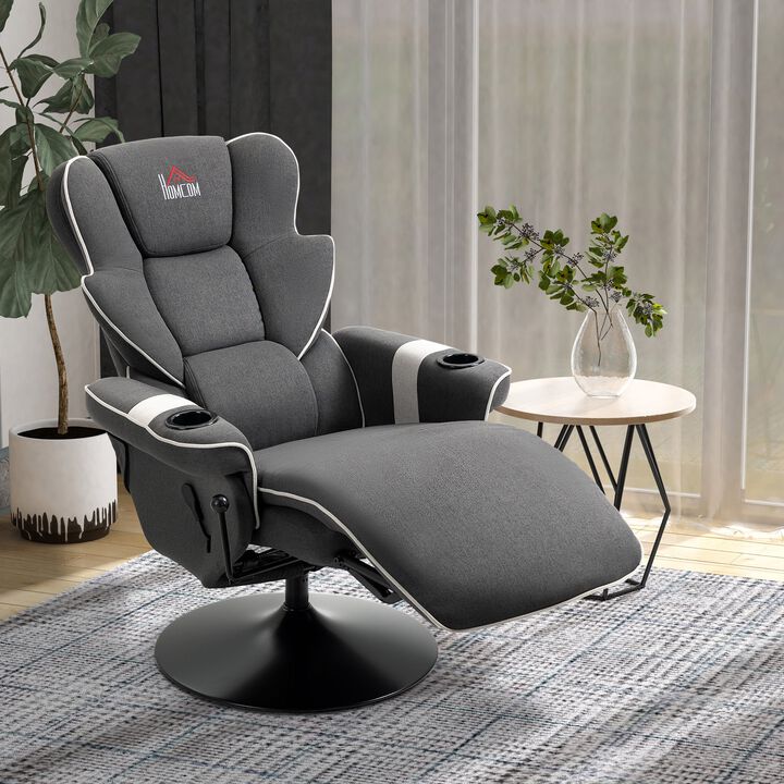 Manual Recliner, Swivel Lounge Armchair with Footrest and Two Cup Holders for Living Room, Black