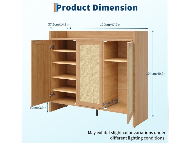 Entryway Wood Shoe Storage Cabinet Adjustable Shelves Oak Rattan image number 2