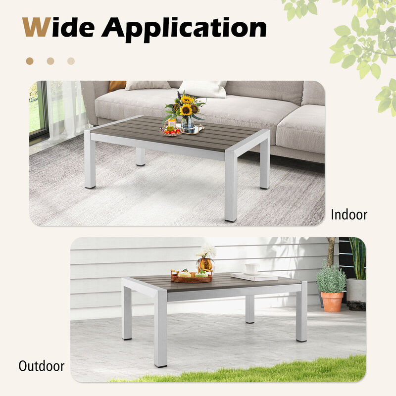 Modern Rectangular Patio Coffee Table with Plastic Wood Tabletop and Rustproof Aluminum Frame-Gray