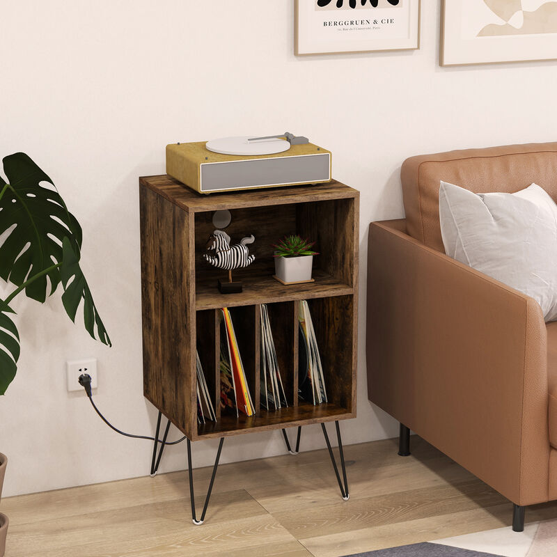 Record Player Stand with Charging Station for Living Room or Bedroom Storage and Decor