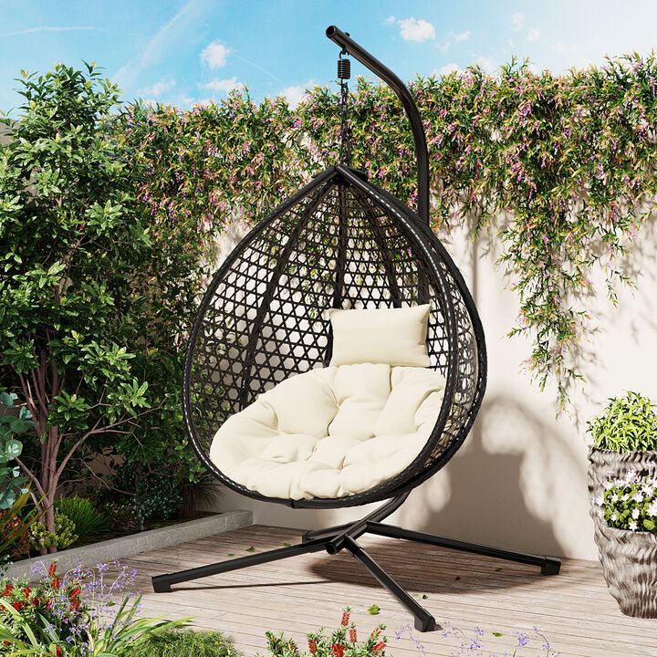 Mondawe Outdoor Hollow-Out Design Rattan Egg Chair,W/ Adjustable Headrest & Iron Base Hanging Chair