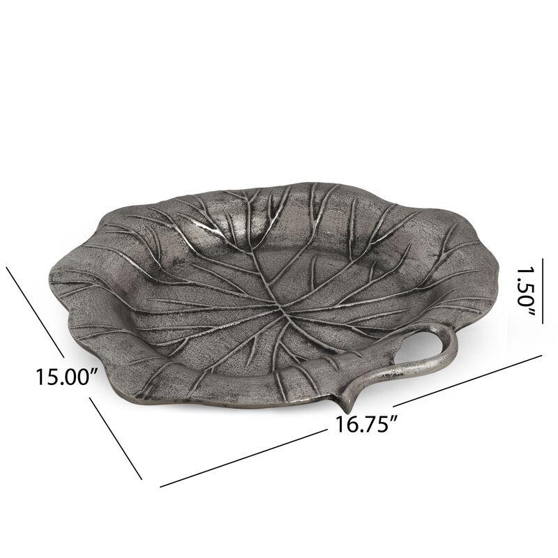 Haily Decorative Tray Platter, Flower Shaped Vein Details, Nickel Tone - Benzara