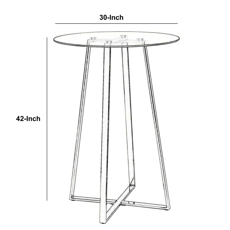 Round Glass Top Metal Frame Bar Table with Angled Legs, Silver and Clear - Benzara