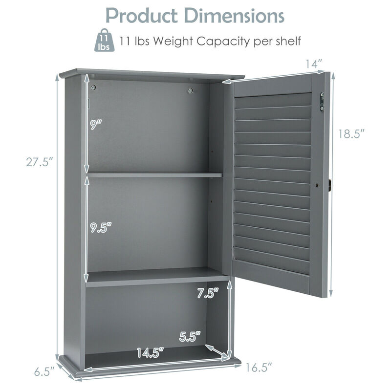 Costway Bathroom Wall Mount Storage Cabinet Single Door w/Height Adjustable Shelf Grey