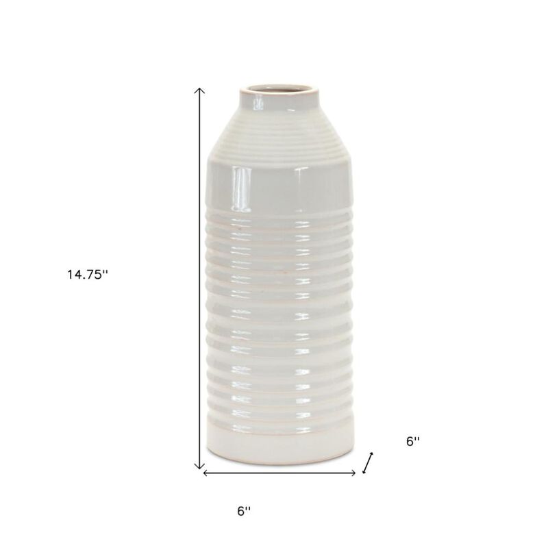 Hivvago 15 Inch White Ribbed Cylinder Terracotta Table Vase