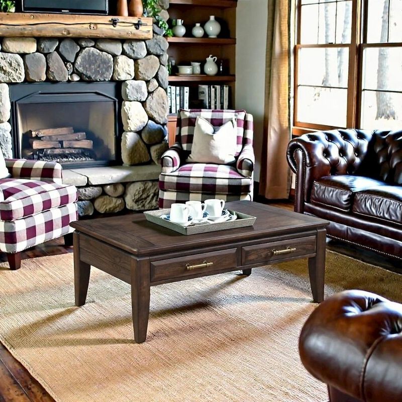 Brown Cocktail Table with 2 Drawers &ndash; Vintage Solid Wood Coffee Table image number 2