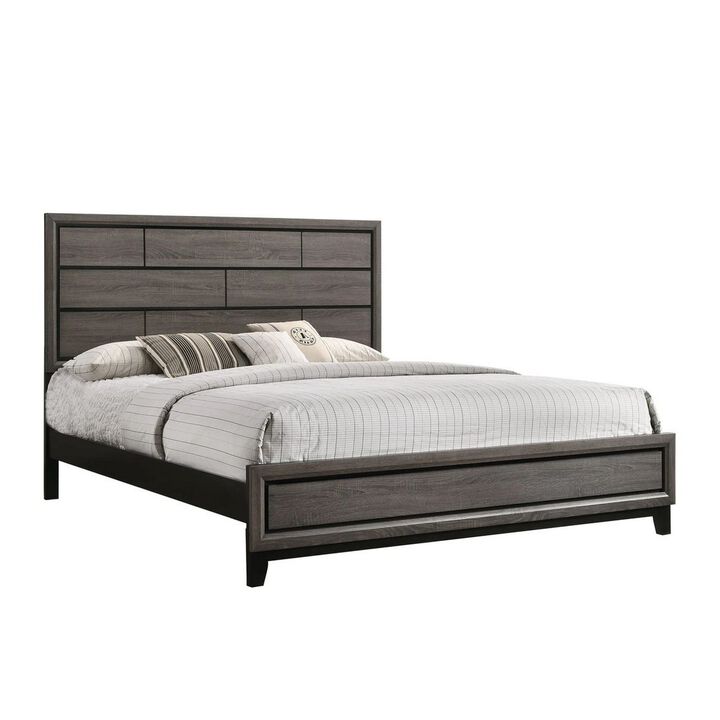 Benjara Asir King Size Bed, Geometric Panel Headboard, Modern Wood Finish, Gray and Black