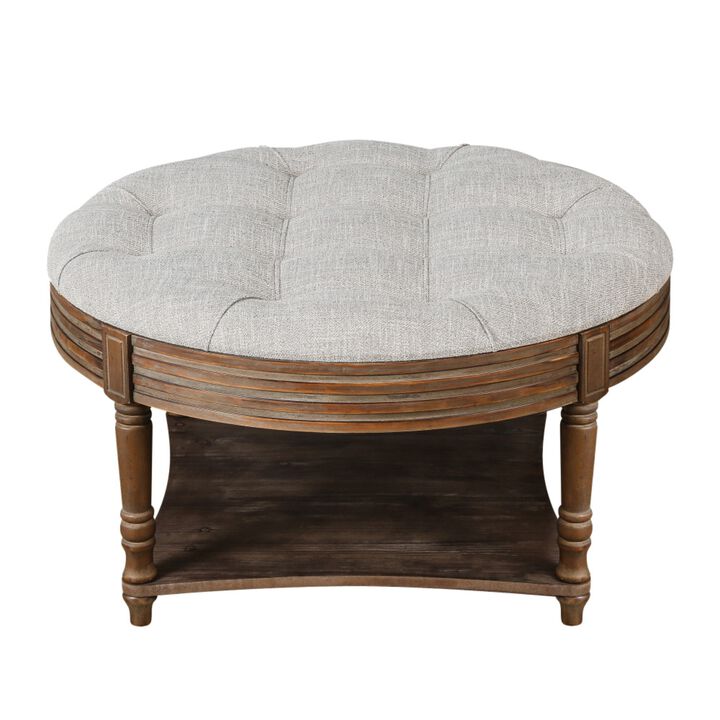 Plozup Large Round Tufted Linen Upholstered Ottoman Coffee Table