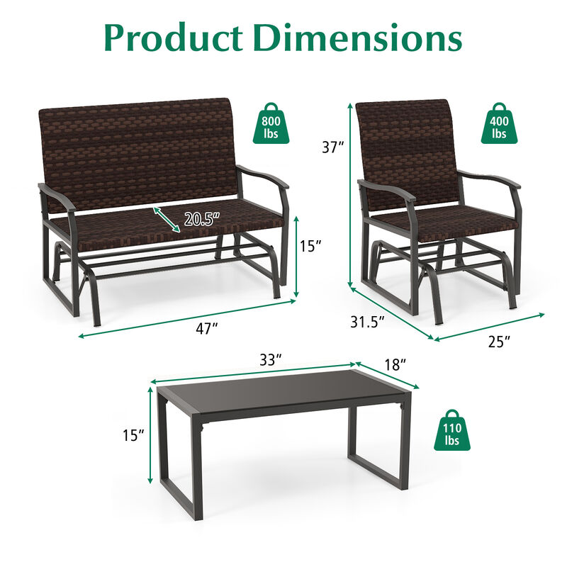 4-Piece Patio Gliding Set with Wicker Swing Glider and All-Weather Cushions, Tempered Glass Coffee Table