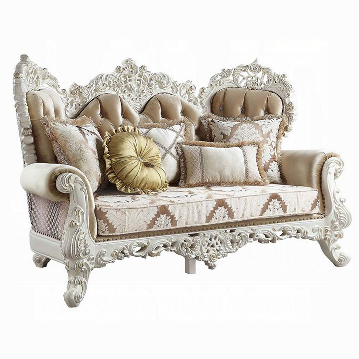 Kin Ornate Loveseat, 5 Accent Pillows, Tufted Tan, Antique White,  - Benzara - Benzara