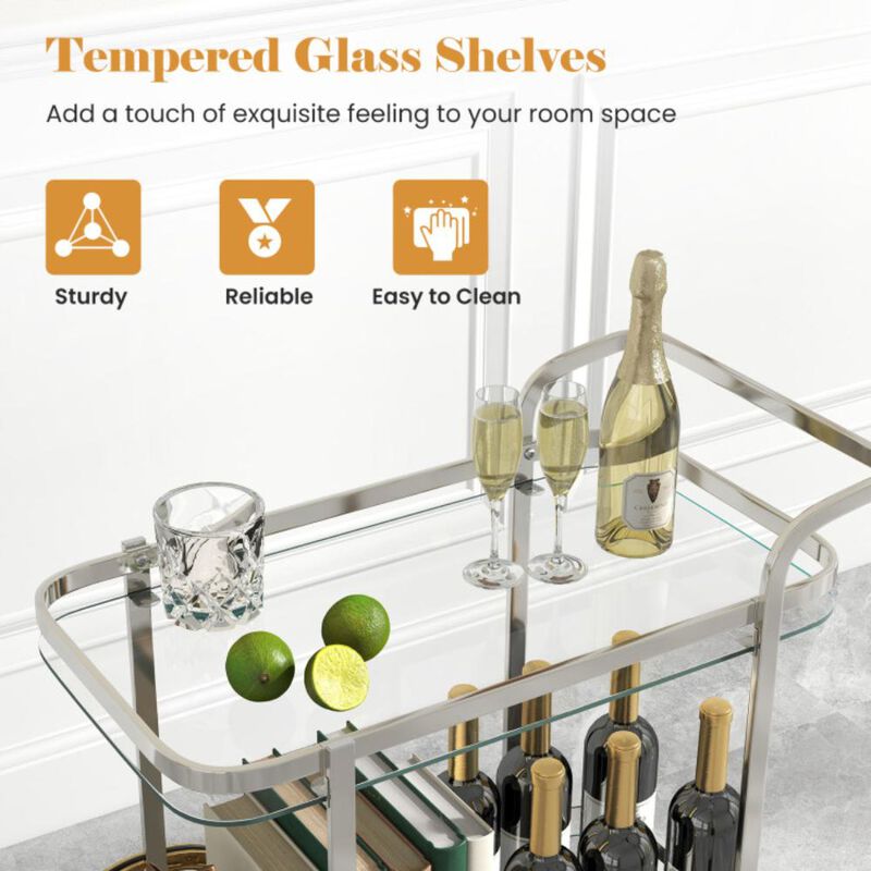 Hivvago 2-Tier Tempered Glass Bar Cart with 2 Large Aluminum Wheels and 2 Rolling Casters