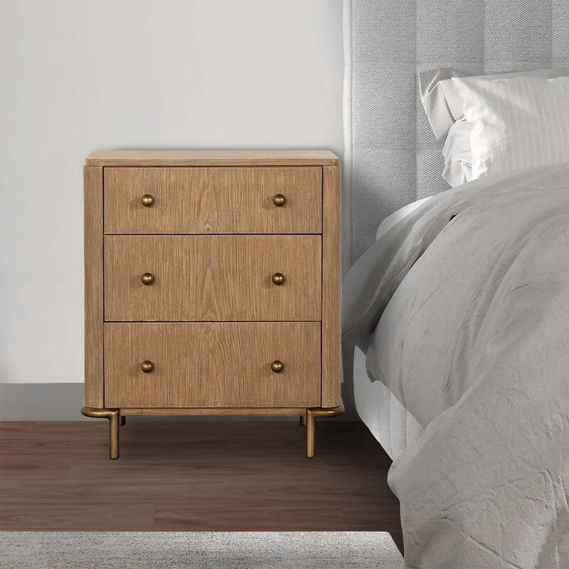 Hiz 29 Inch 3 Drawer Nightstand with Dual USB Ports, Brass Legs, Brown - Benzara
