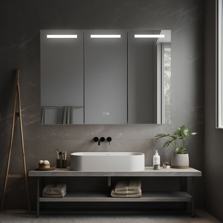 Basicwise 3-Door Versatile Bathroom Medicine Cabinet with Anti-Fog LED Mirror, Waterproof Aluminum, Surface or Recessed Mount, 2 Adjustable Glass Shelves, Wall Cabinet for Bathroom Storage, Silver