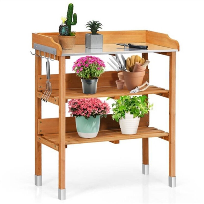 Outdoor Solid Wood Work Table with Metal Surface & Bottom Shelves