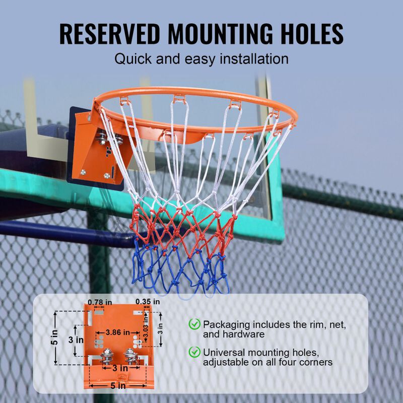 Standard Basketball Rim with Net, Wall Mounted Goal Replacement for Kids and Adults-Orange image number 7