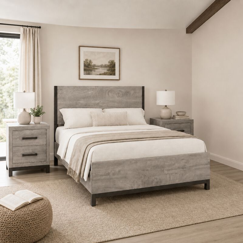 Queen Bedroom Set, Gray Wood, 3 Piece Set with 2 Nightstands image number 8