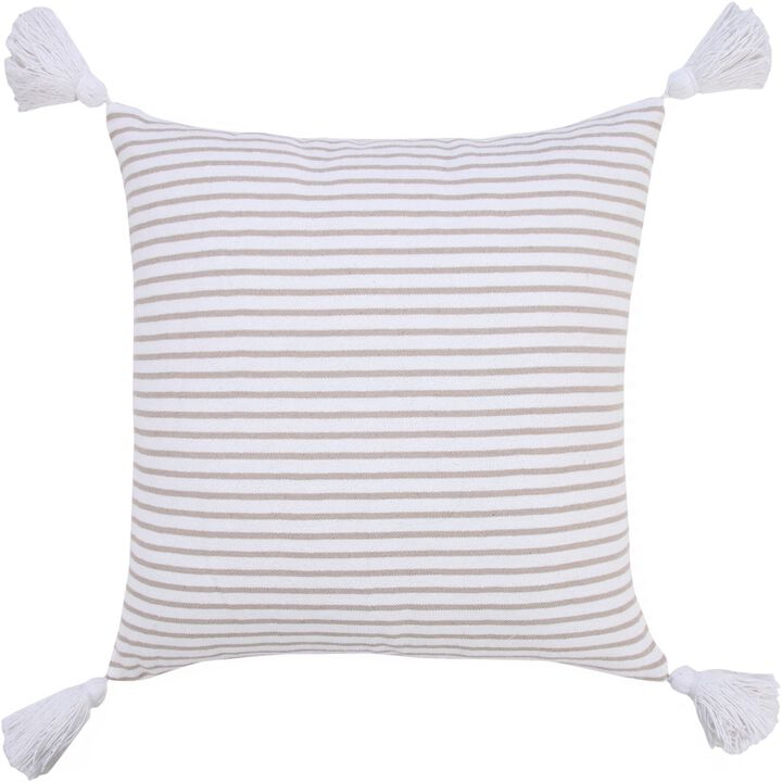 20" White and Beige Striped Tassels Square Throw Pillow