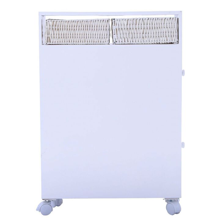 Hivvago White Bathroom Storage Floor Cabinet with Baskets and Casters