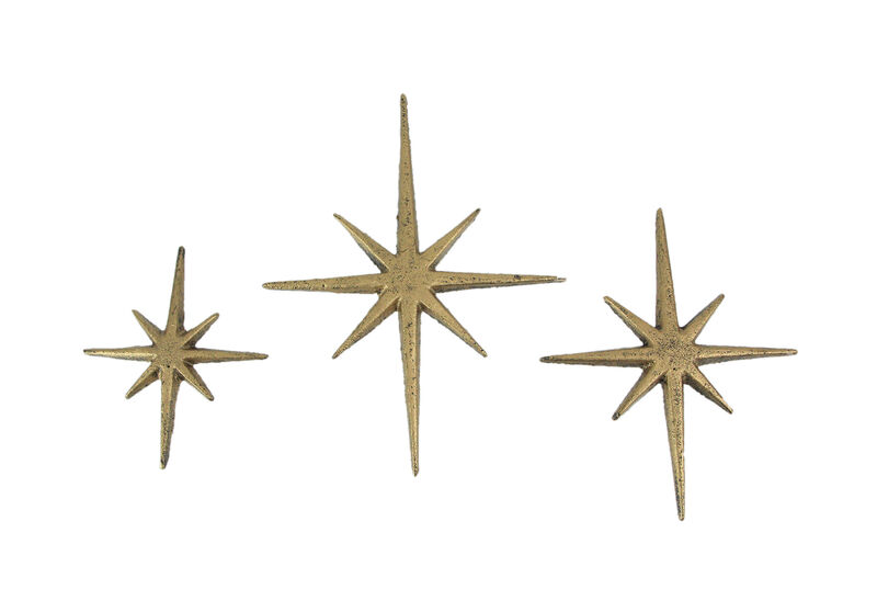 Set of 3 Gold Cast Iron 8 Pointed Starburst Wall Hangings Mid Century Stars image number 0