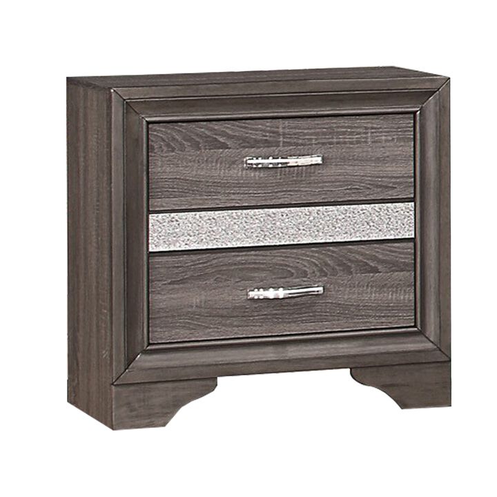 2 Drawer Wooden Nightstand with 1 Hidden Jewelry Drawers, Gray and Silver - Benzara