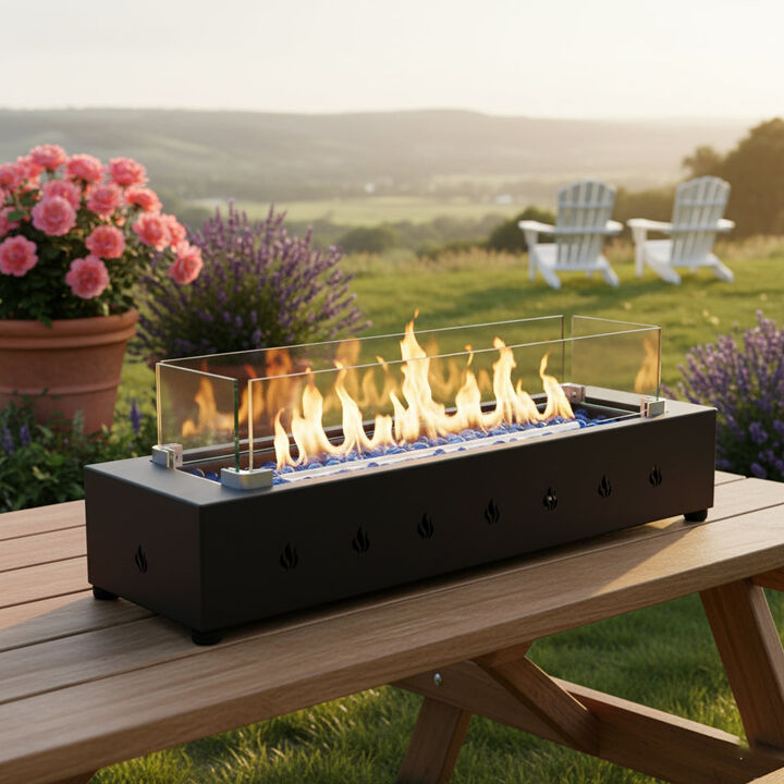 28-Inch Rectangle Fire Pit, Wind-Resistant 40000 BTU Outdoor Propane Fire Pit With Tempered Glass Wind Guard