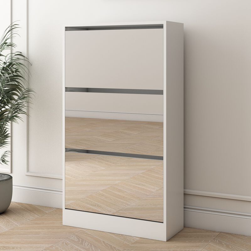 Narrow Shoe Storage Cabinet with Mirror for Entryway Organization