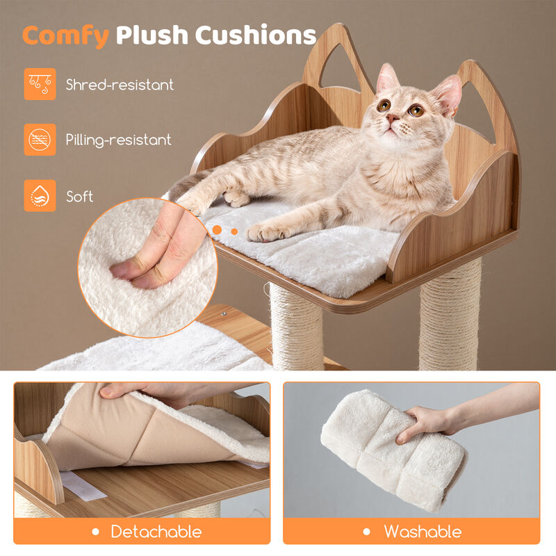 Wooden Cat Tree with 2 Level Condo and Removable Washable Cushions-Natural image number 6