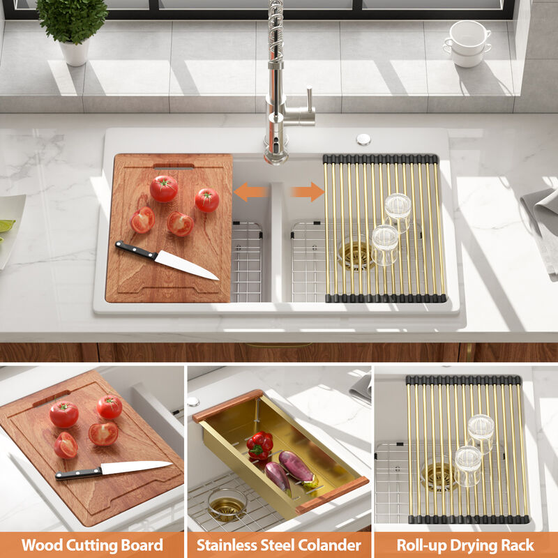 33x22x10 Inch White Granite Composite Workstation kitchen Sink Low Divide 50/50 Double Bowl Quartz Drop In Kitchen Sink