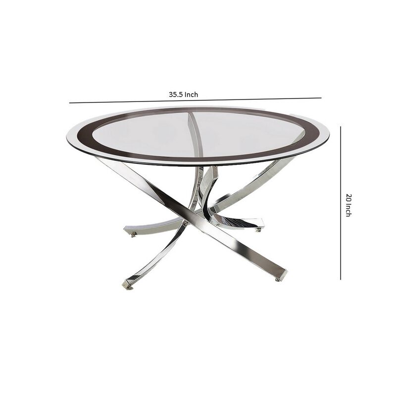 Round Tempered Glass Top Coffee Table with Metal Legs, Silver and Clear-Benzara