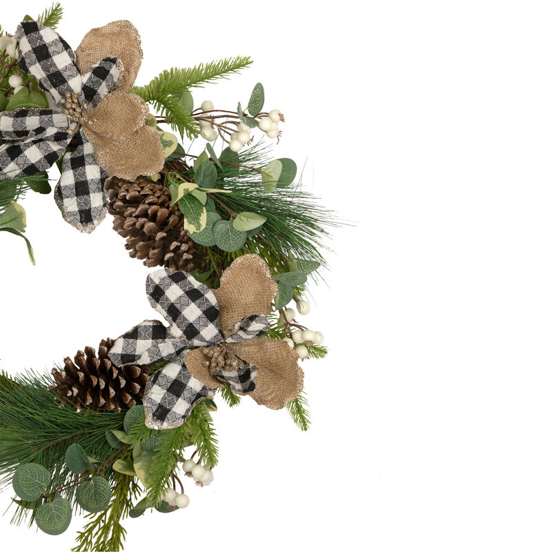 Magnolia and Frosted Pine Cones Artificial Christmas Wreath -  22-Inch  Unlit