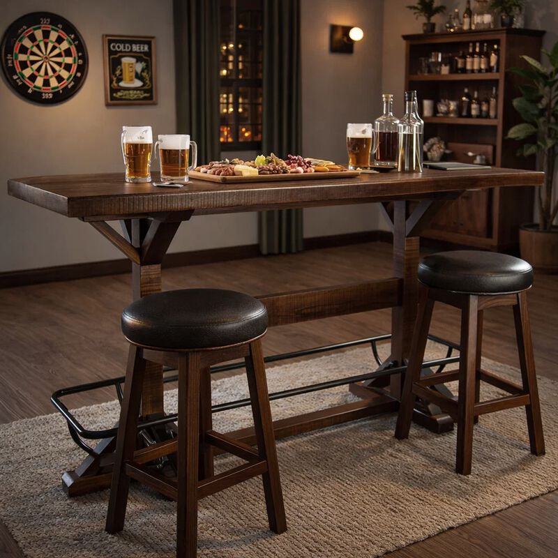 Flint Pub Bar Table, Black Metal Foot Rail, 78 Inch, Dark Brown Wood image number 8