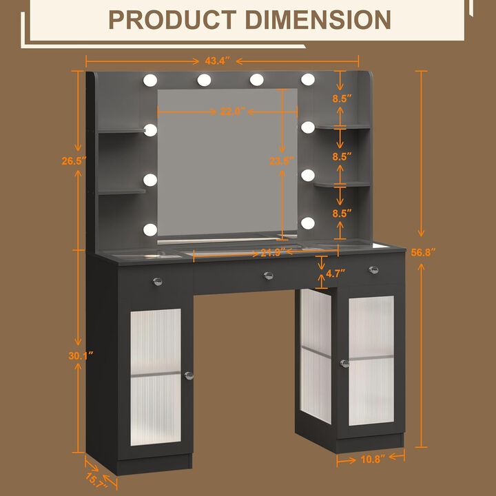 DIYSET Hollywood White Glass Top Makeup Vanity with Acrylic Cabinets and Power Outlets
