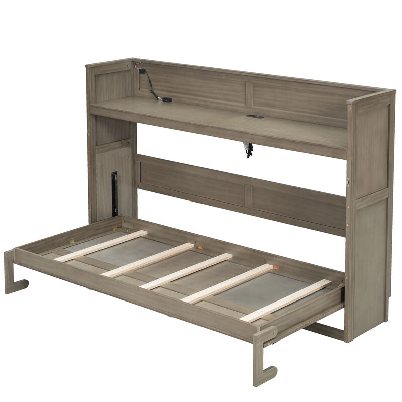 Merax Murphy Bed with Desk,LED Light and USB Charging Station