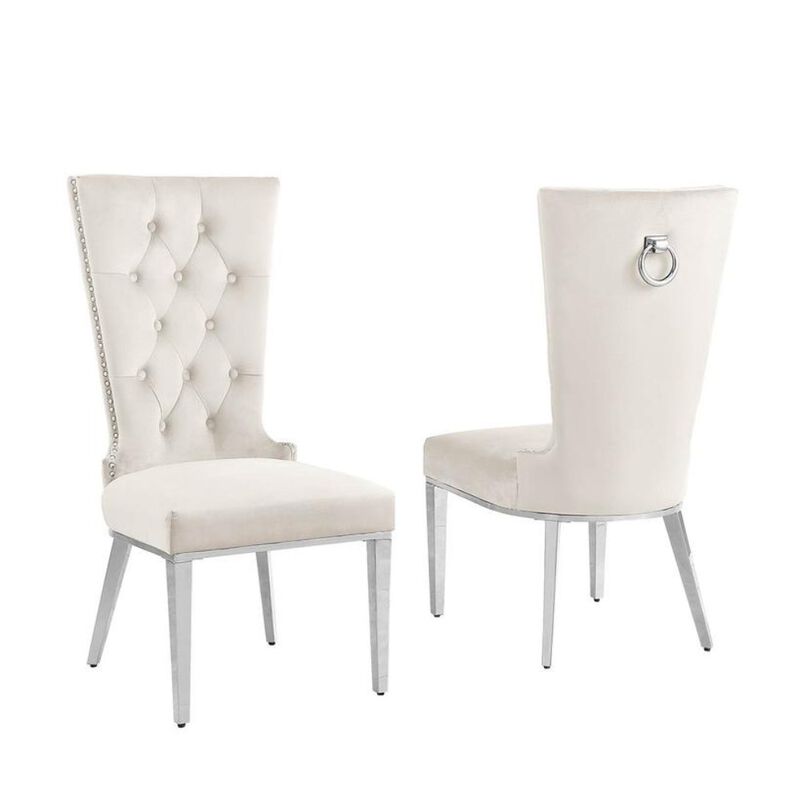 Best Quality Furniture Cream Velvet Side Chair With Silver Stainless Steel Base (Set Of 2)