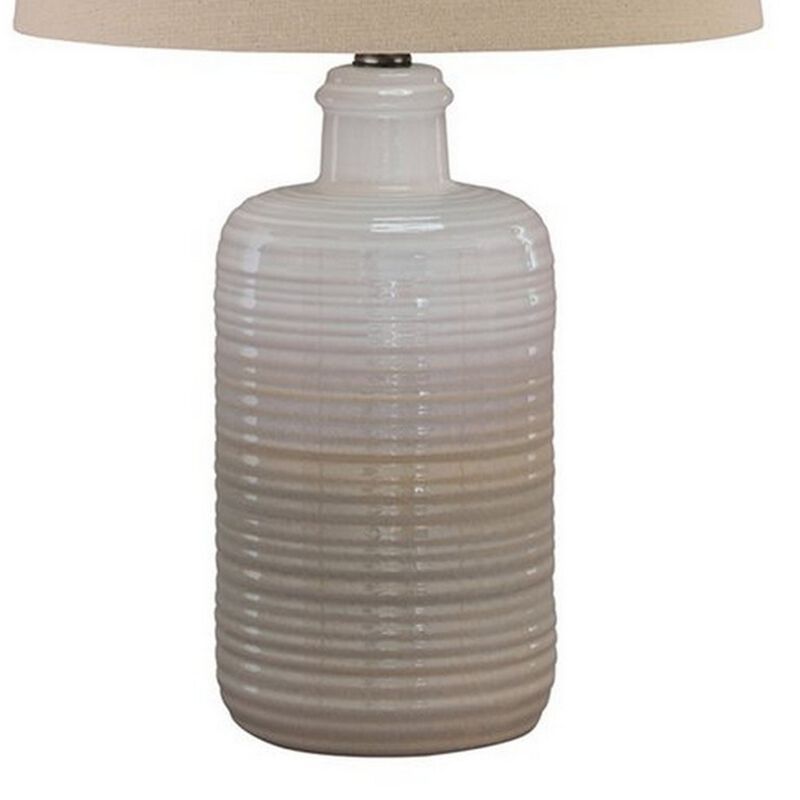 Ceramic Body Table Lamp with Brushed Details, Set of 2, Beige and White-Benzara