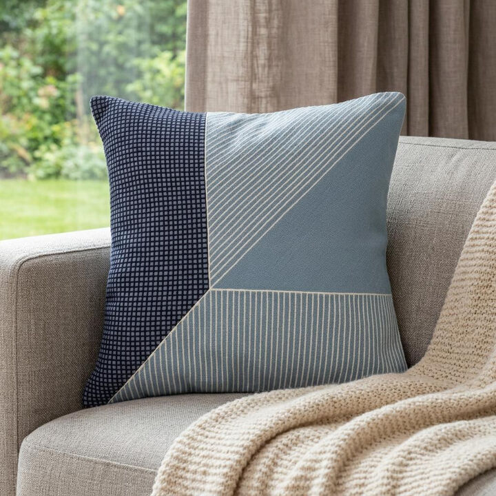 HomeRoots 20" Blue and White Geometric Cotton Throw Pillow With Embroidery