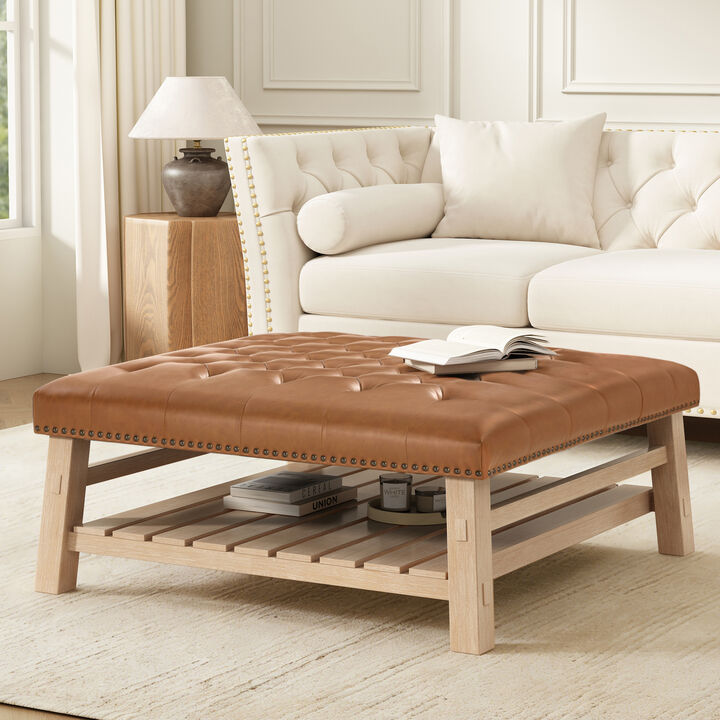 Merax Tufted Ottoman Coffee Table with Nailhead Trim & Storage Shelf &ndash; Solid Wood Legs