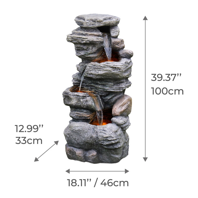 Outdoor Faux Stone 4-Tier Water Fountain with LED, Gray image number 6
