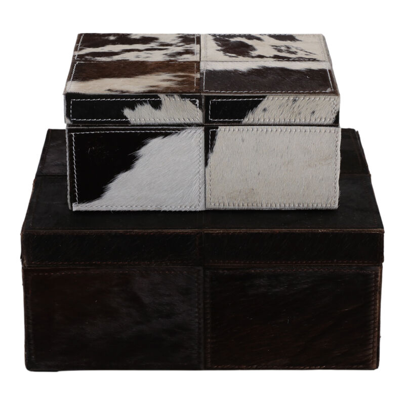 S/2 9/12" Hair On Hide Patchwork Boxes, Ivory/brow image number 3