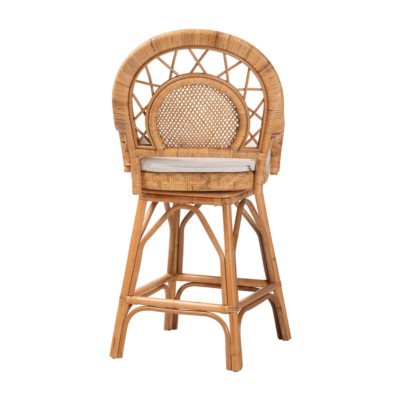 bali & pari Adam Natural Rattan Counter Stool with Cushion - Handwoven Wicker Swivel Bar Chair for Kitchen Island or Lounge Area