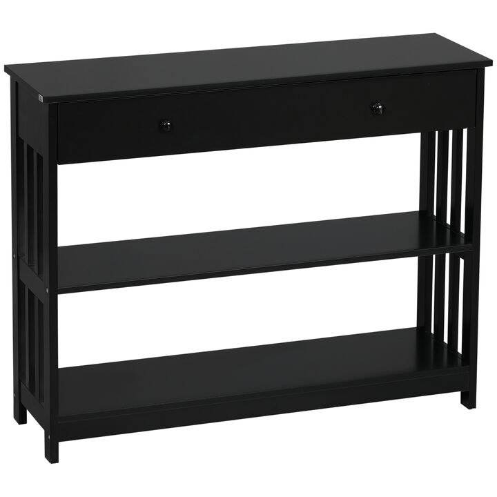 HOMCOM Console Hallway Table with Extra Wide Pull Out Drawer, 2 Open Shelves and Slatted Wood Frame Design, Black
