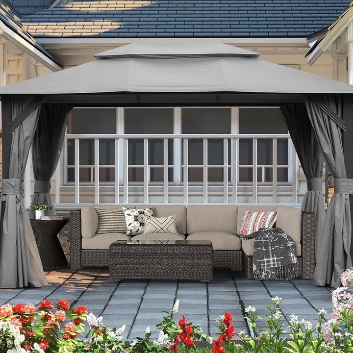 10x14FT Gazebo, Outdoor Gazebo with Double Roofs,Curtains, Mosquito Nettings, Heavy Duty Metal Frame Party Tent Canopy