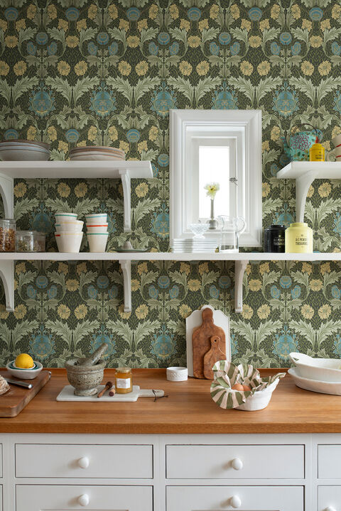 Myrtle Dark Green Floral Ogee Wallpaper (Set of 2)