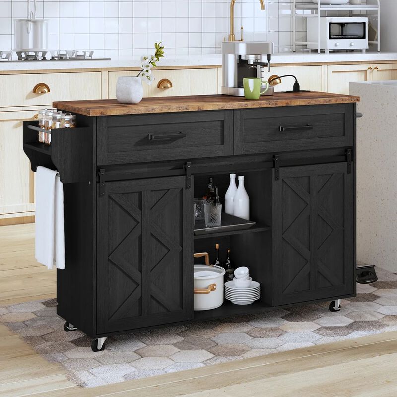 Mobile Kitchen Island with Built-In Power Outlet and Sliding Barn Door-Black image number 3