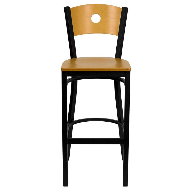 Flash Furniture HERCULES Series Black Circle Back Metal Restaurant Barstool - Natural Wood Back & Seat